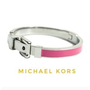 Michael Kors‎ Pink Enamel Buckle Bangle Hinged Silver Tone Adjustable Signed